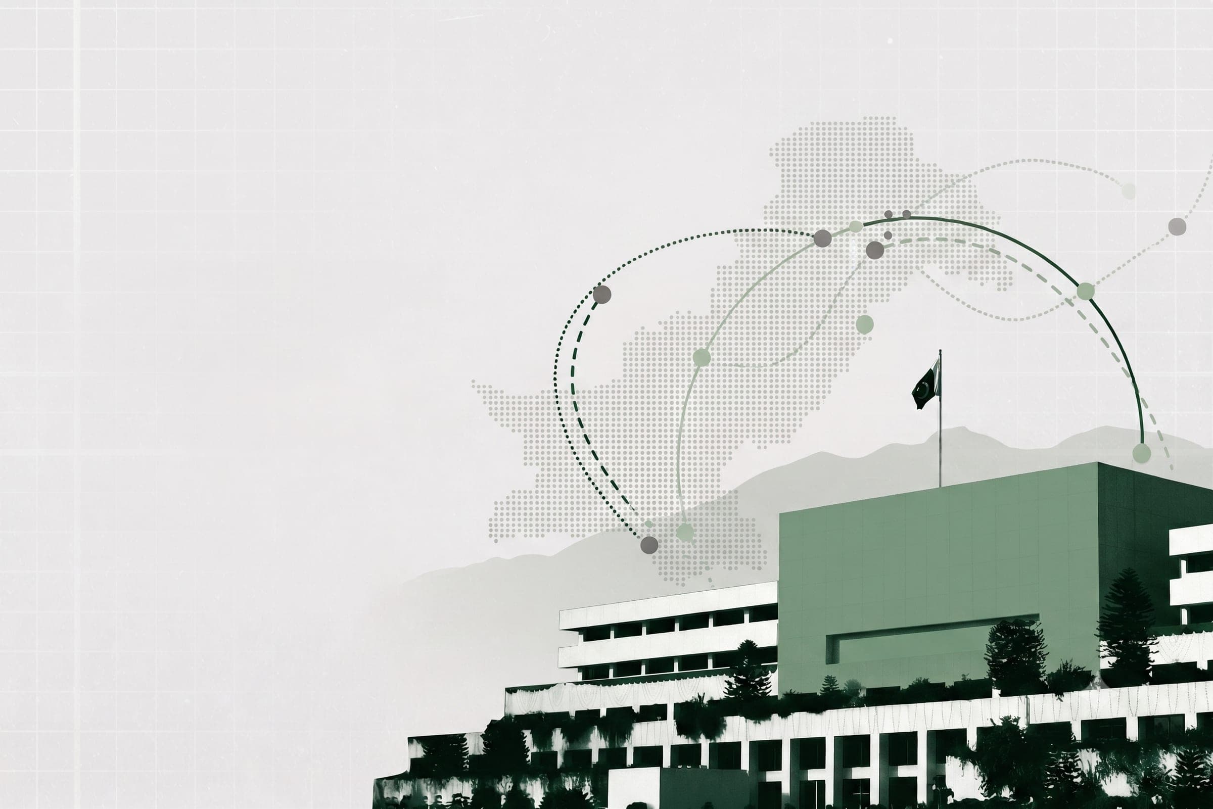 Parliament House Islamabad with a dotted map of Pakistan and signal arcs